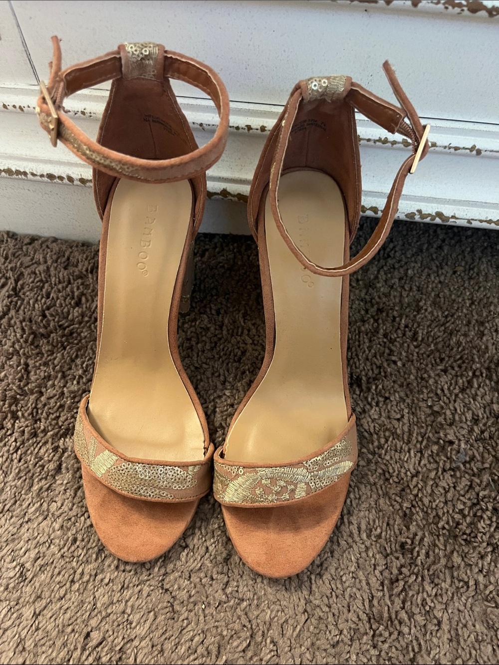 BAMBOO Tan Suede Ankle-Strap Heels with Gold Sequin Accent